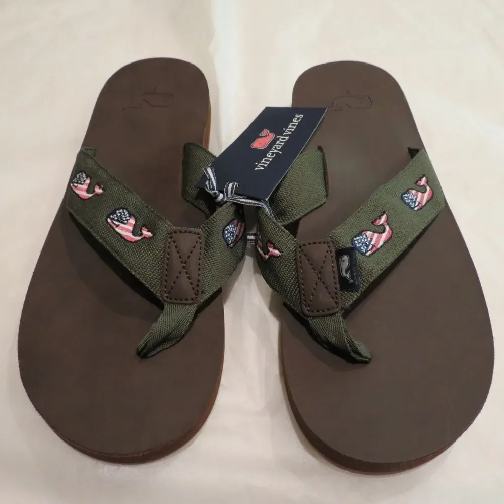 Vineyard Vines Flag Whale Leather Flip Flop Spanish Moss 6 or 9 $68 Auth. Size 9